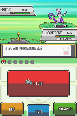 a level 5 Magnezone is battling a level 2 Mewtwo