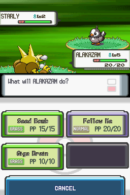 a level 5 Alakazam is battling a Starly. Alakazam knows Seed Bomb, Follow Me, and Giga Drain