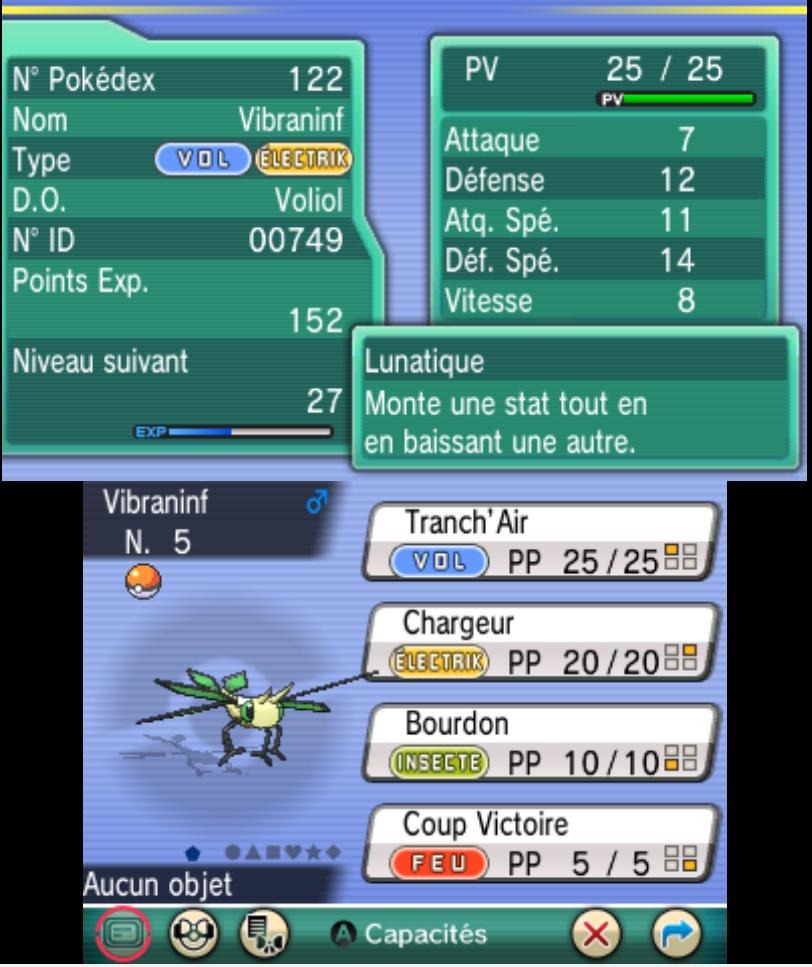 the stats screen of Vibrava. It is a flying/electric-type with the moves "Tranch' Air", "Chargeur", "Bourdon", and "Coup Victoire"