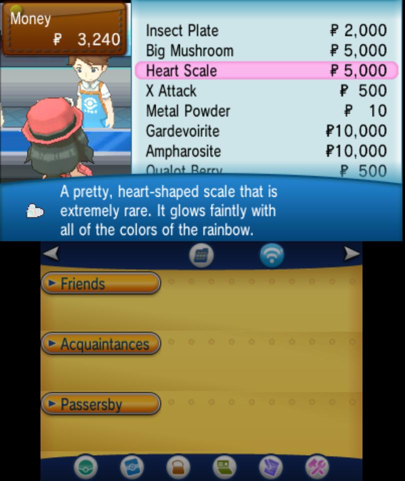 a shop with Insect Plate, Big Mushroom, Heart Scale, X Attack, Metal Powder, Gardevoirite, Ampharosite, Qualot Berry