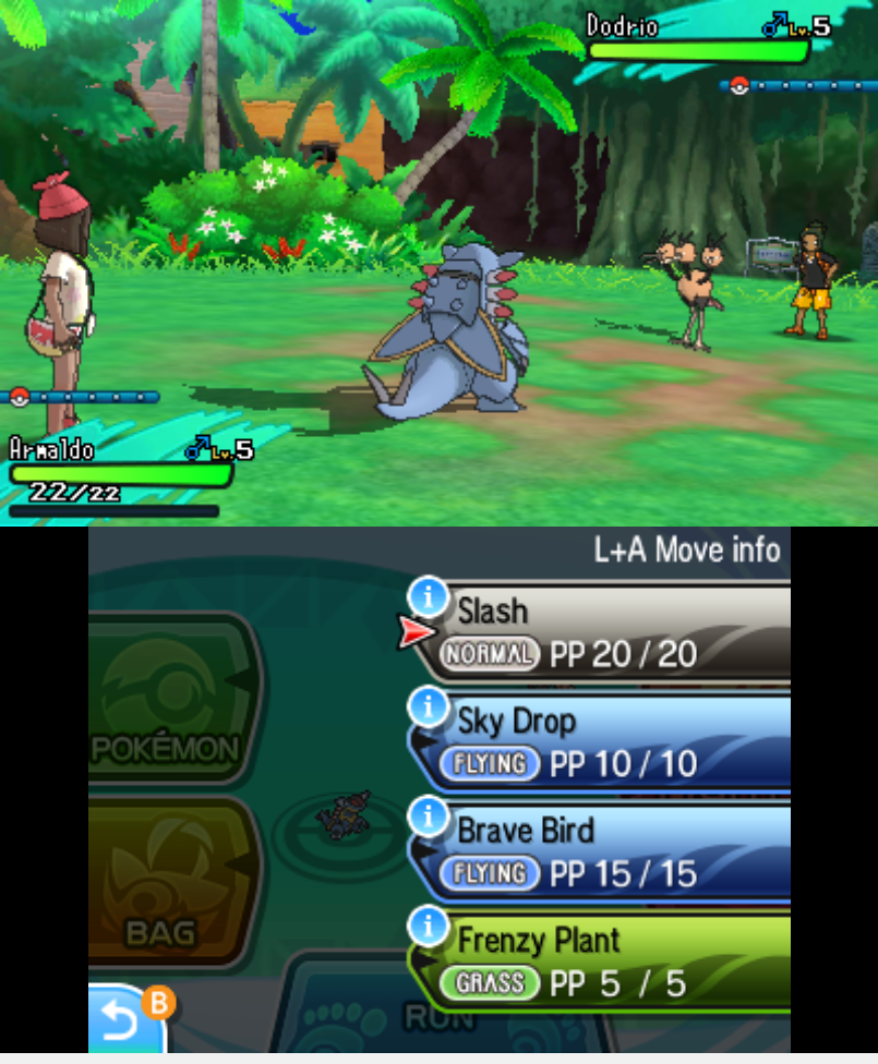 A battle against Hau. Hau has a level 5 Dodrio. The player has a level 5 Armaldo. The armaldo knows slash, sky drop, brave bird, and frenzy plant.