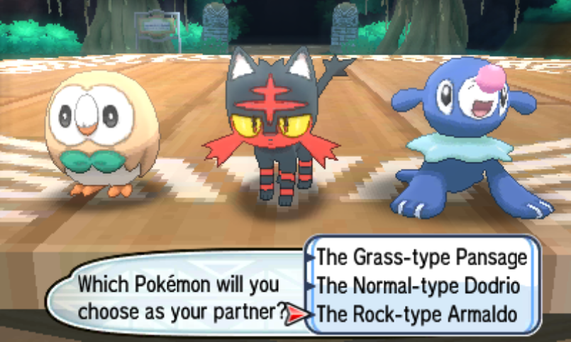 the SM starters are Pansage, Dodrio, and Armaldo. They are named as grass, normal, and rock-type, respectively.