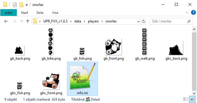 the snorlax/ folder, showing image files and info.ini